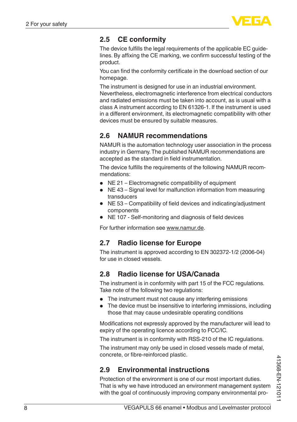 5 ce conformity, 6 namur recommendations, 7 radio license for europe | 8 radio license for usa/canada, 9 environmental instructions | VEGA VEGAPULS 66 (≥ 2.0.0 - ≥ 4.0.0) enamel Modbus and Levelmaster protocol User Manual | Page 8 / 80