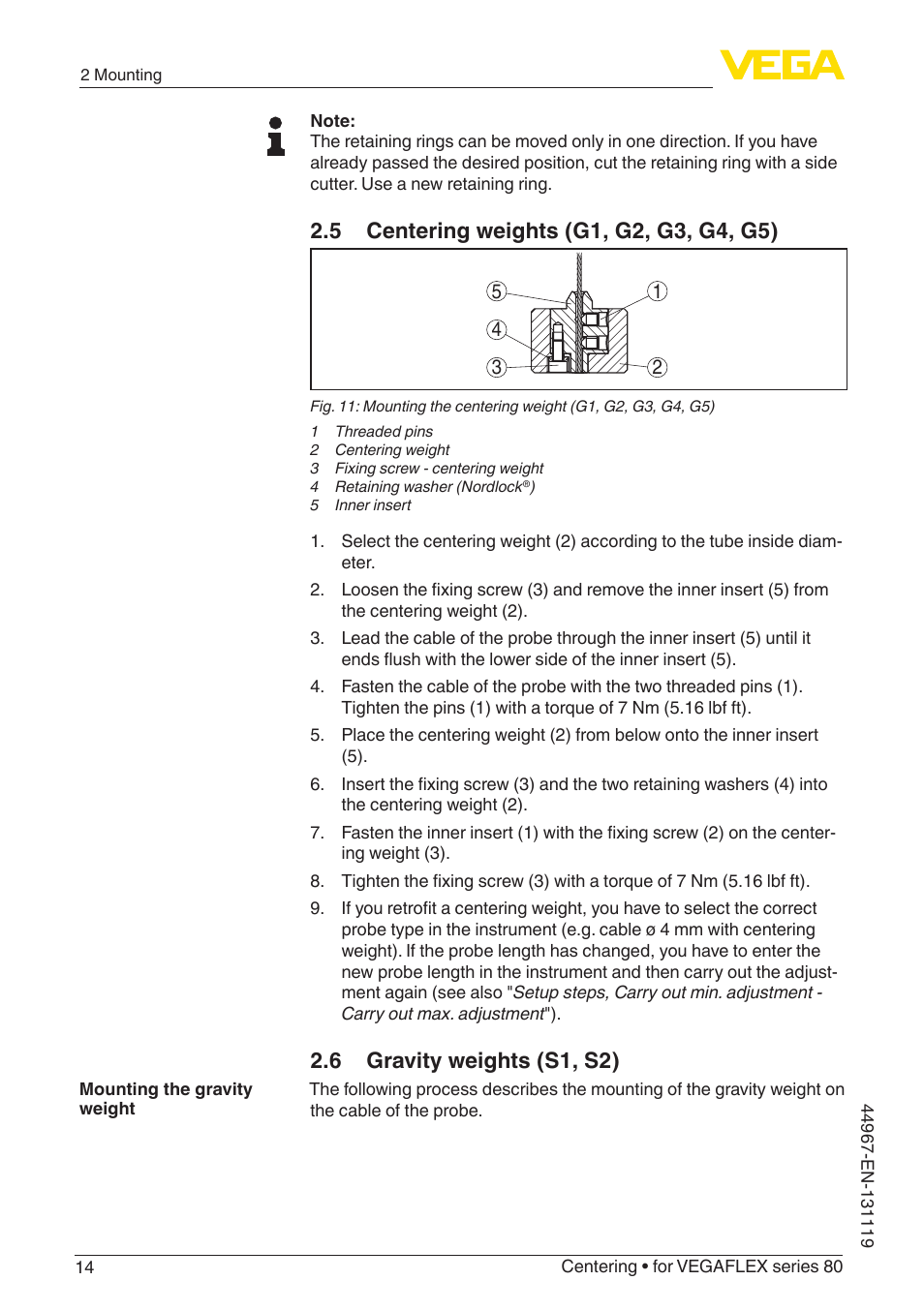5 centering weights (g1, g2, g3, g4, g5), 6 gravity weights (s1, s2) | VEGA VEGAFLEX series 80 Centering User Manual | Page 14 / 28