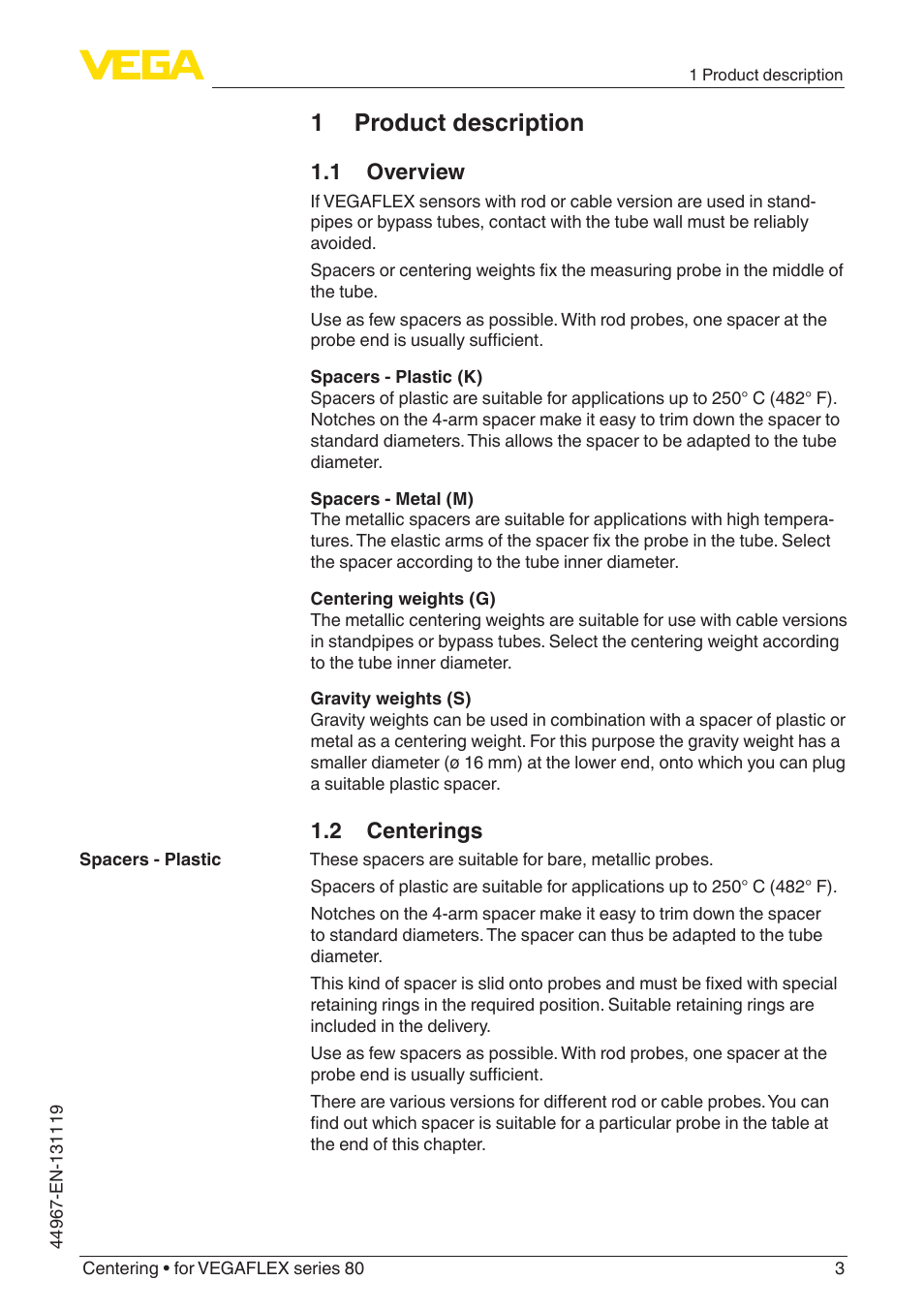 1 product description, 1 overview, 2 centerings | VEGA VEGAFLEX series 80 Centering User Manual | Page 3 / 28