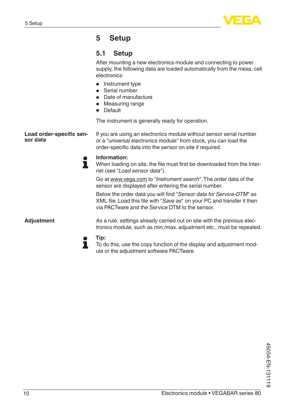 5 setup, 1 setup | VEGA VEGABAR series 80 User Manual | Page 10 / 16