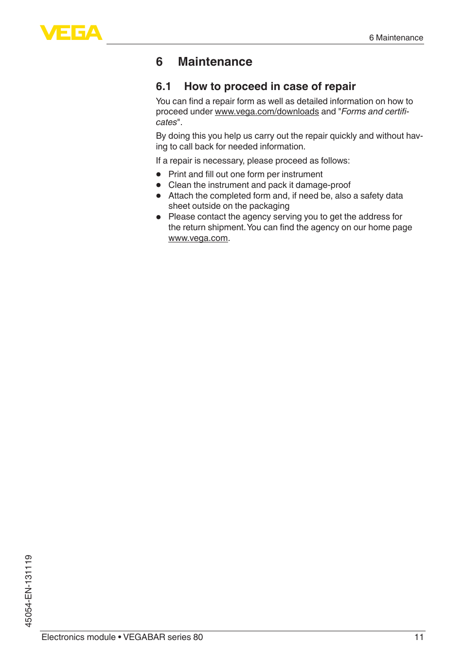 6 maintenance, 1 how to proceed in case of repair | VEGA VEGABAR series 80 User Manual | Page 11 / 16