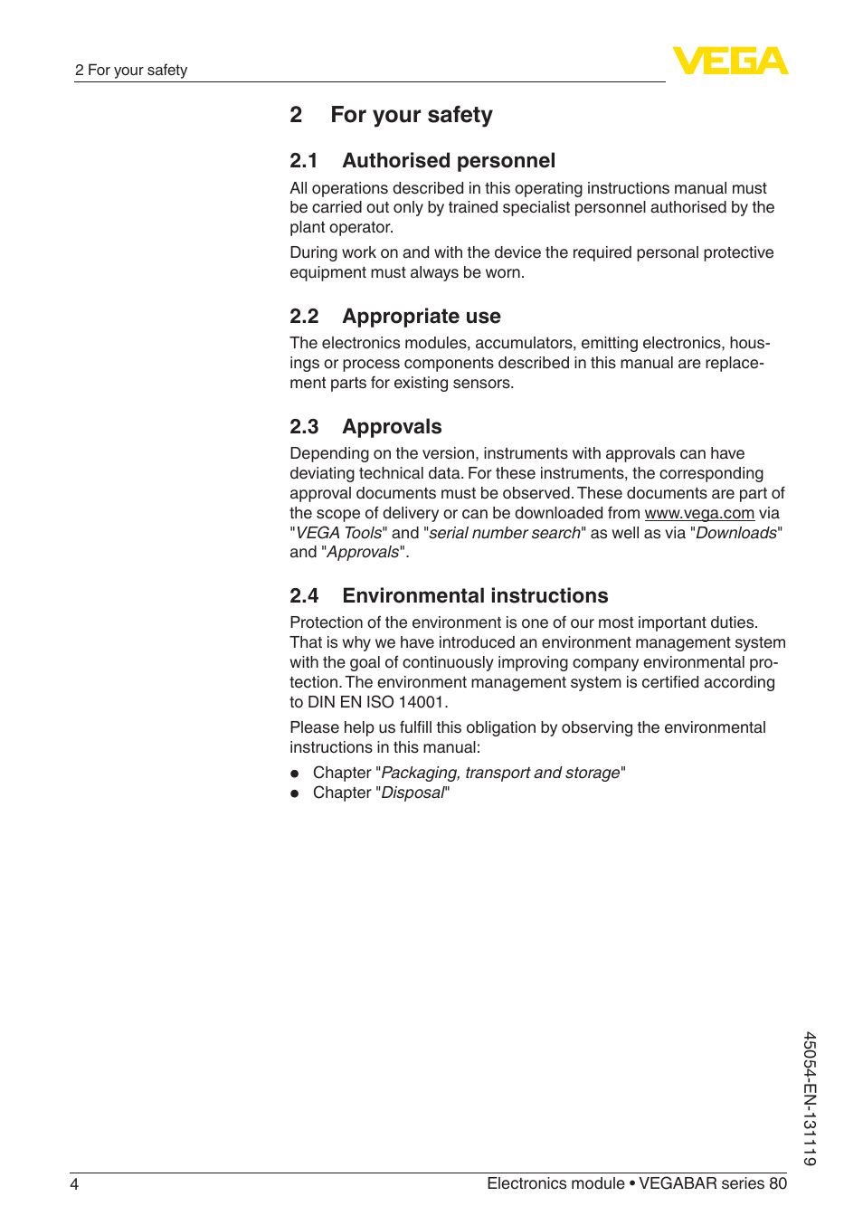 2 for your safety, 1 authorised personnel, 2 appropriate use | 3 approvals, 4 environmental instructions | VEGA VEGABAR series 80 User Manual | Page 4 / 16