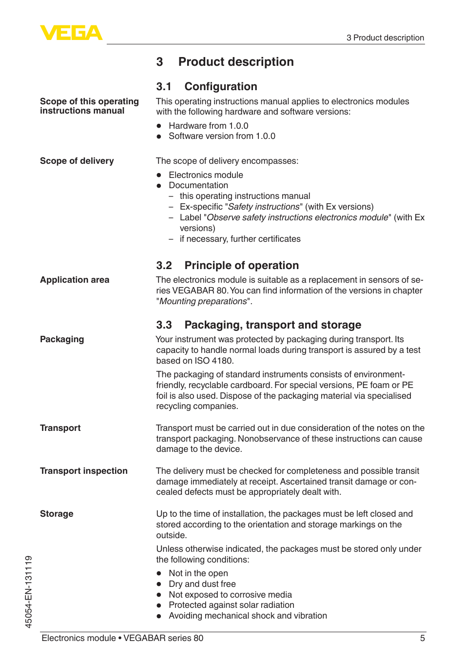 3 product description, 1 configuration, 2 principle of operation | 3 packaging, transport and storage | VEGA VEGABAR series 80 User Manual | Page 5 / 16