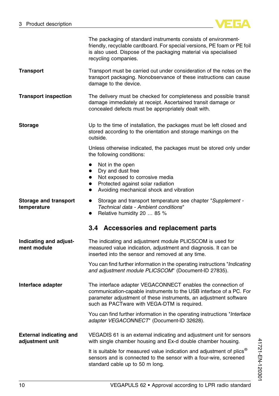 4 accessories and replacement parts | VEGA VEGAPULS 62 (≥ 2.0.0 - ≥ 4.0.0) Foundation Fieldbus Approval according to LPR radio standard User Manual | Page 10 / 96