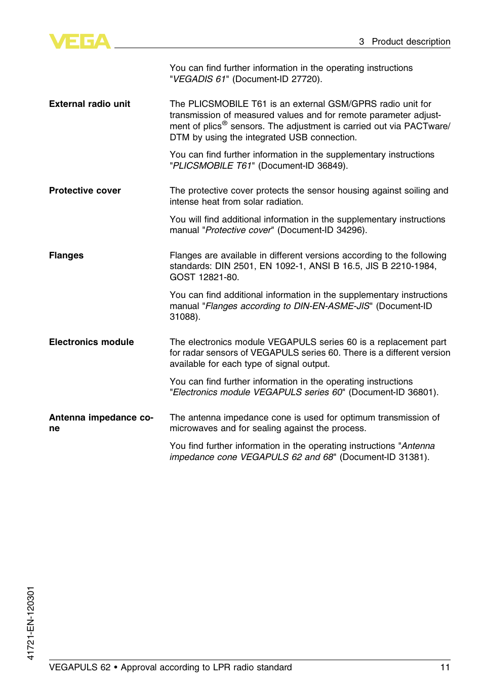 VEGA VEGAPULS 62 (≥ 2.0.0 - ≥ 4.0.0) Foundation Fieldbus Approval according to LPR radio standard User Manual | Page 11 / 96