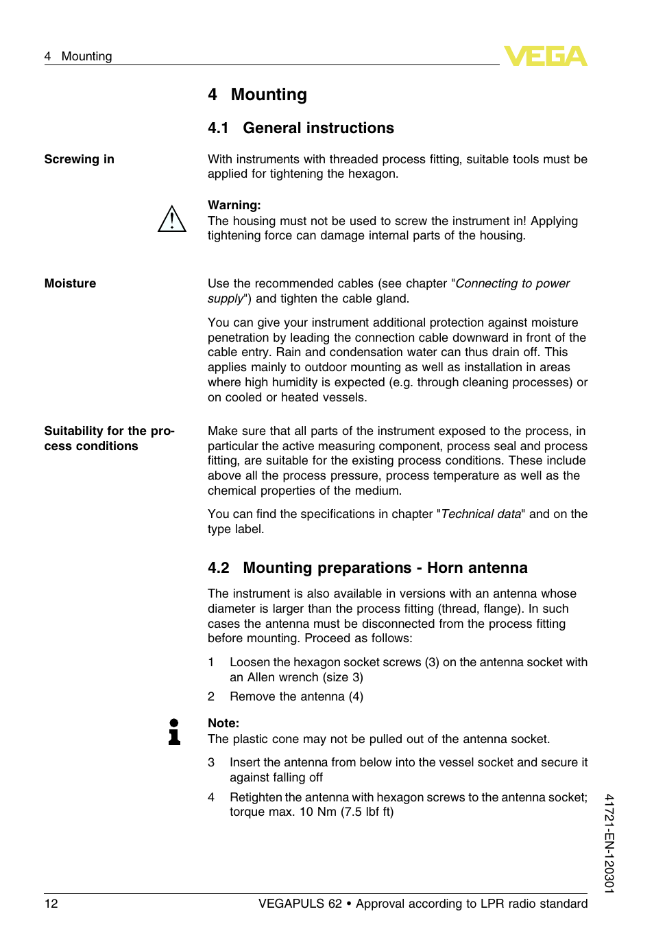 4 mounting, 1 general instructions, 2 mounting preparations – horn antenna | 4mounting | VEGA VEGAPULS 62 (≥ 2.0.0 - ≥ 4.0.0) Foundation Fieldbus Approval according to LPR radio standard User Manual | Page 12 / 96