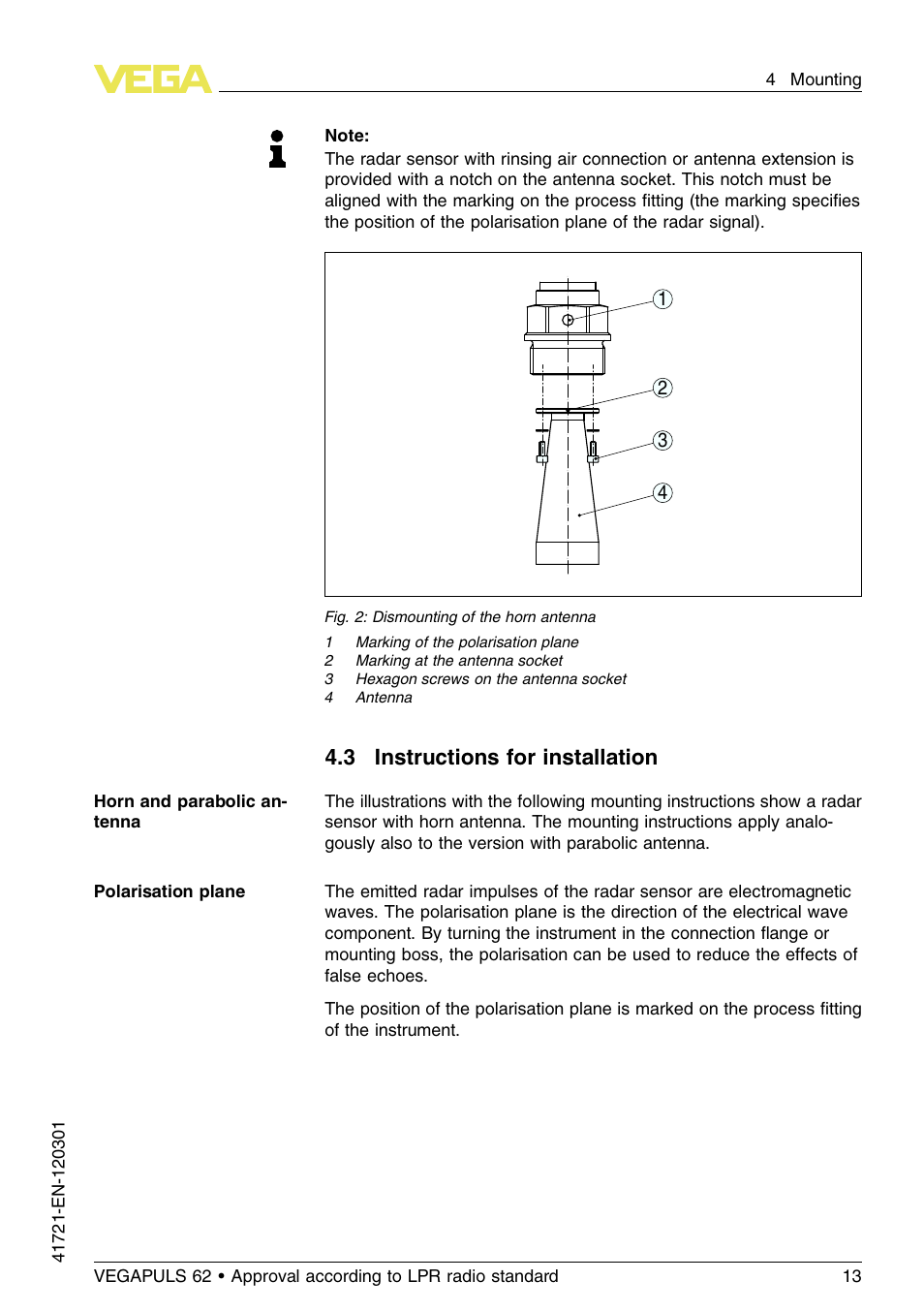 3 instructions for installation | VEGA VEGAPULS 62 (≥ 2.0.0 - ≥ 4.0.0) Foundation Fieldbus Approval according to LPR radio standard User Manual | Page 13 / 96