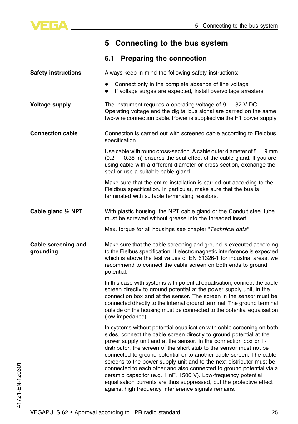 5 connecting to the bus system, 1 preparing the connection, 5connecting to the bus system | VEGA VEGAPULS 62 (≥ 2.0.0 - ≥ 4.0.0) Foundation Fieldbus Approval according to LPR radio standard User Manual | Page 25 / 96