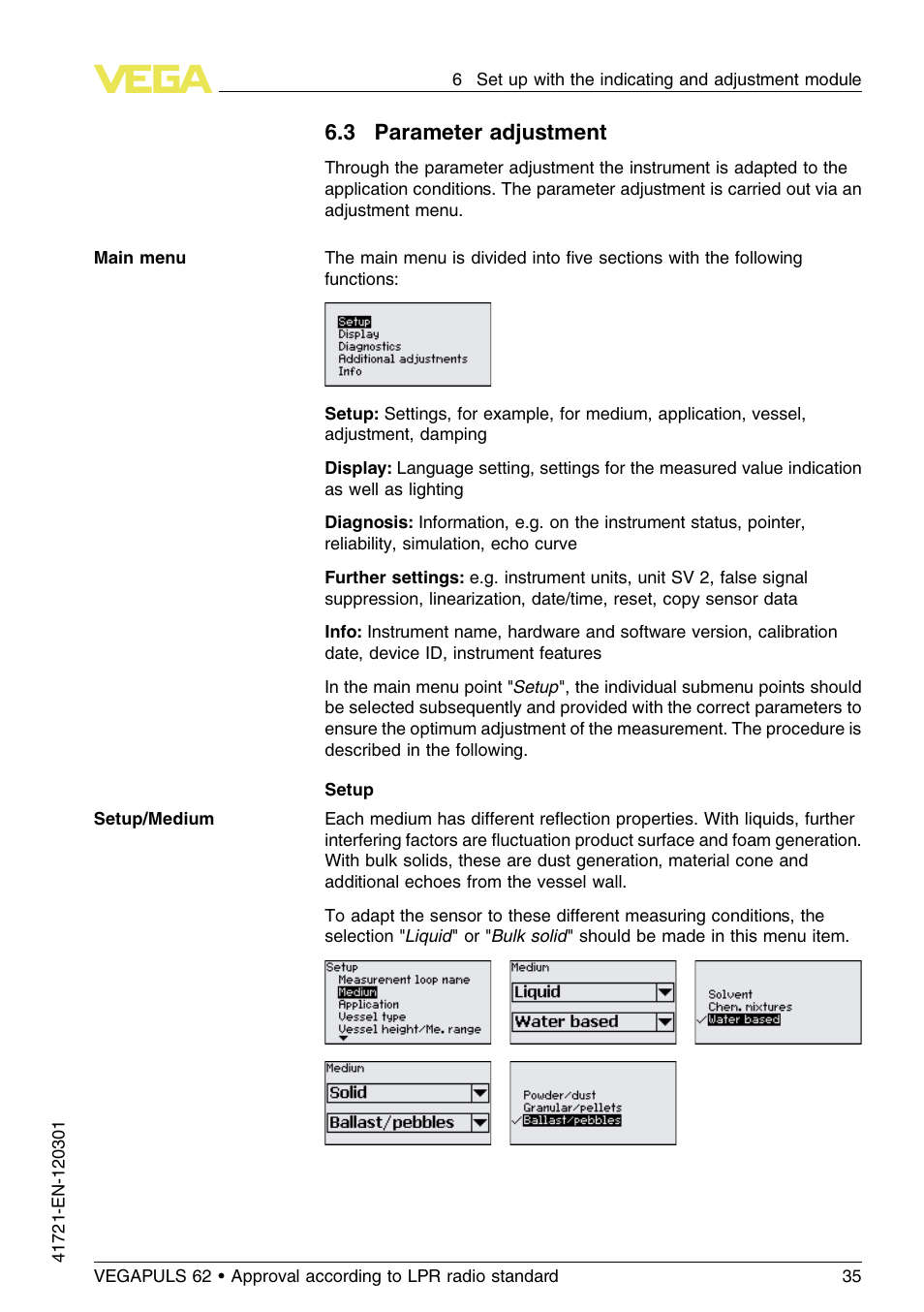3 parameter adjustment | VEGA VEGAPULS 62 (≥ 2.0.0 - ≥ 4.0.0) Foundation Fieldbus Approval according to LPR radio standard User Manual | Page 35 / 96