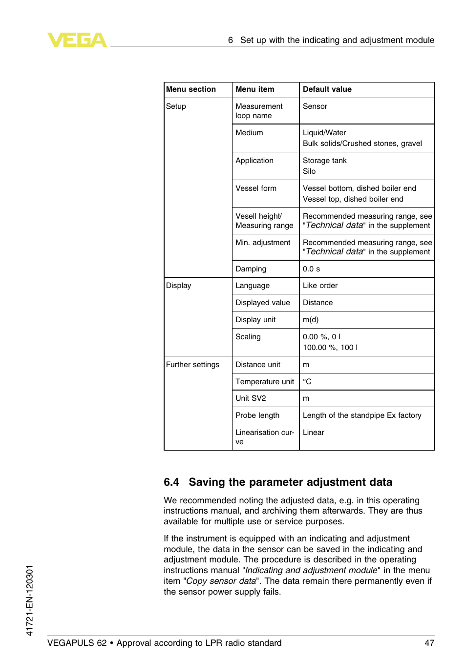 4 saving the parameter adjustment data | VEGA VEGAPULS 62 (≥ 2.0.0 - ≥ 4.0.0) Foundation Fieldbus Approval according to LPR radio standard User Manual | Page 47 / 96