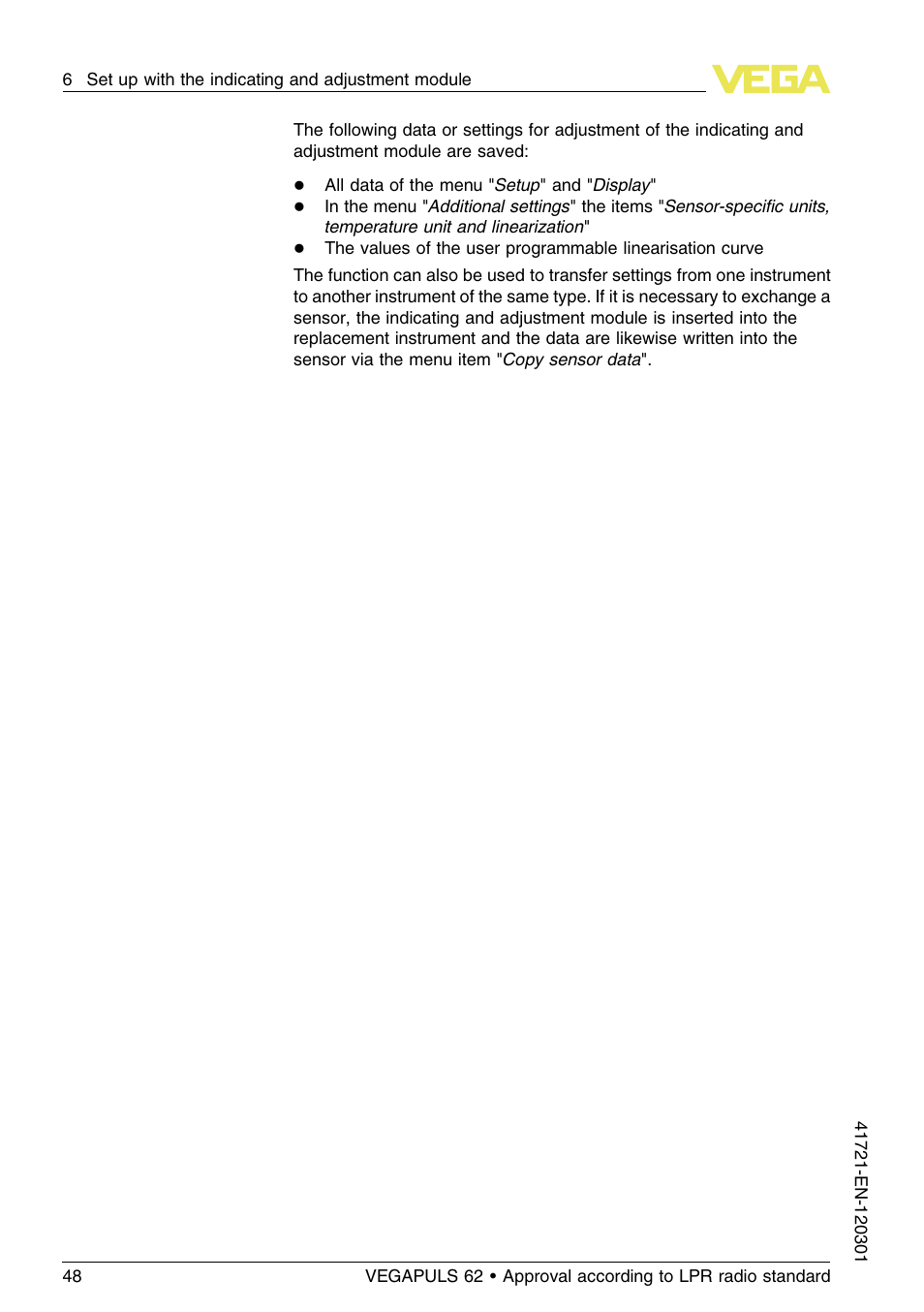 VEGA VEGAPULS 62 (≥ 2.0.0 - ≥ 4.0.0) Foundation Fieldbus Approval according to LPR radio standard User Manual | Page 48 / 96