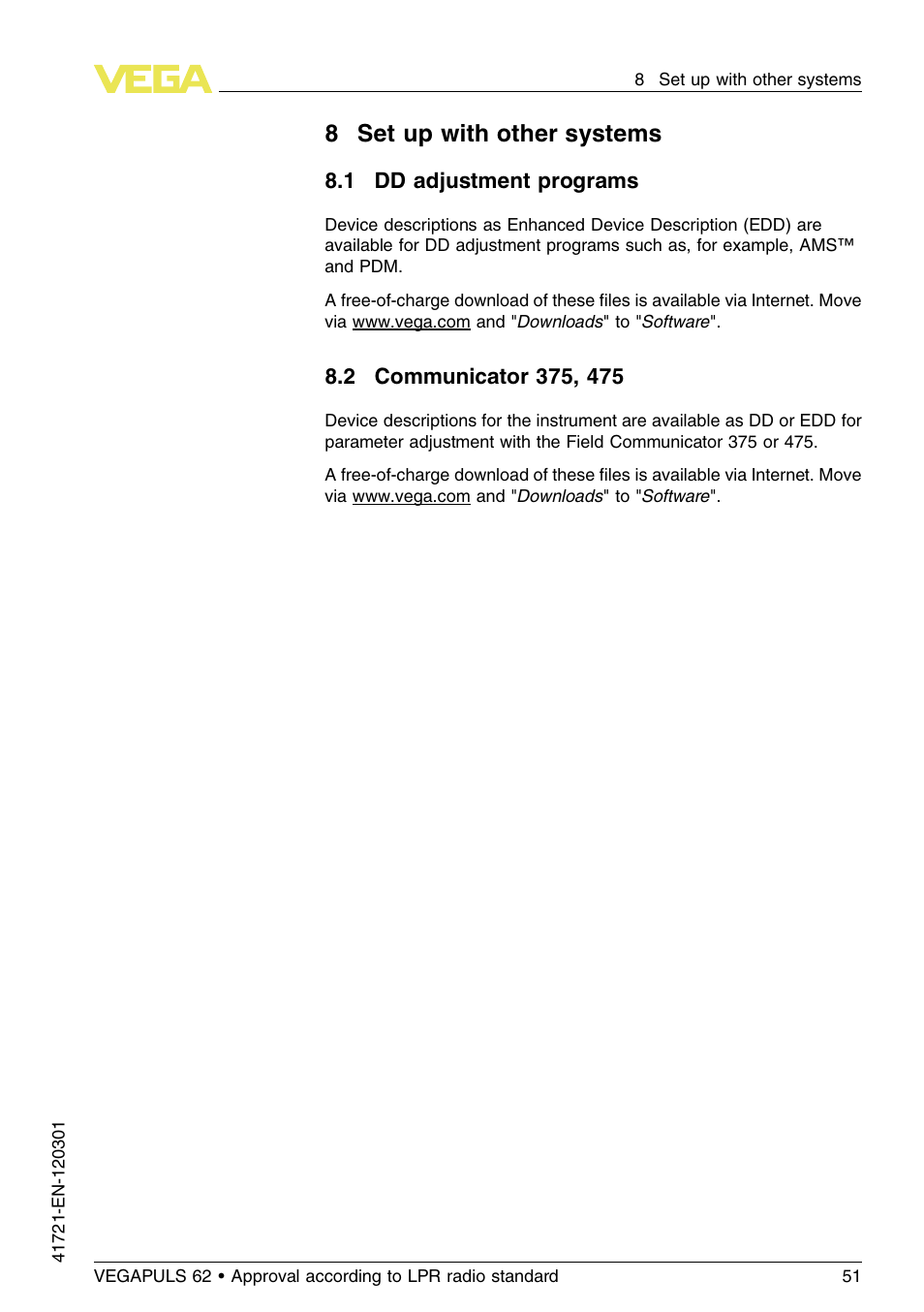 8 set up with other systems, 1 dd adjustment programs, 2 communicator 375, 475 | 8set up with other systems | VEGA VEGAPULS 62 (≥ 2.0.0 - ≥ 4.0.0) Foundation Fieldbus Approval according to LPR radio standard User Manual | Page 51 / 96