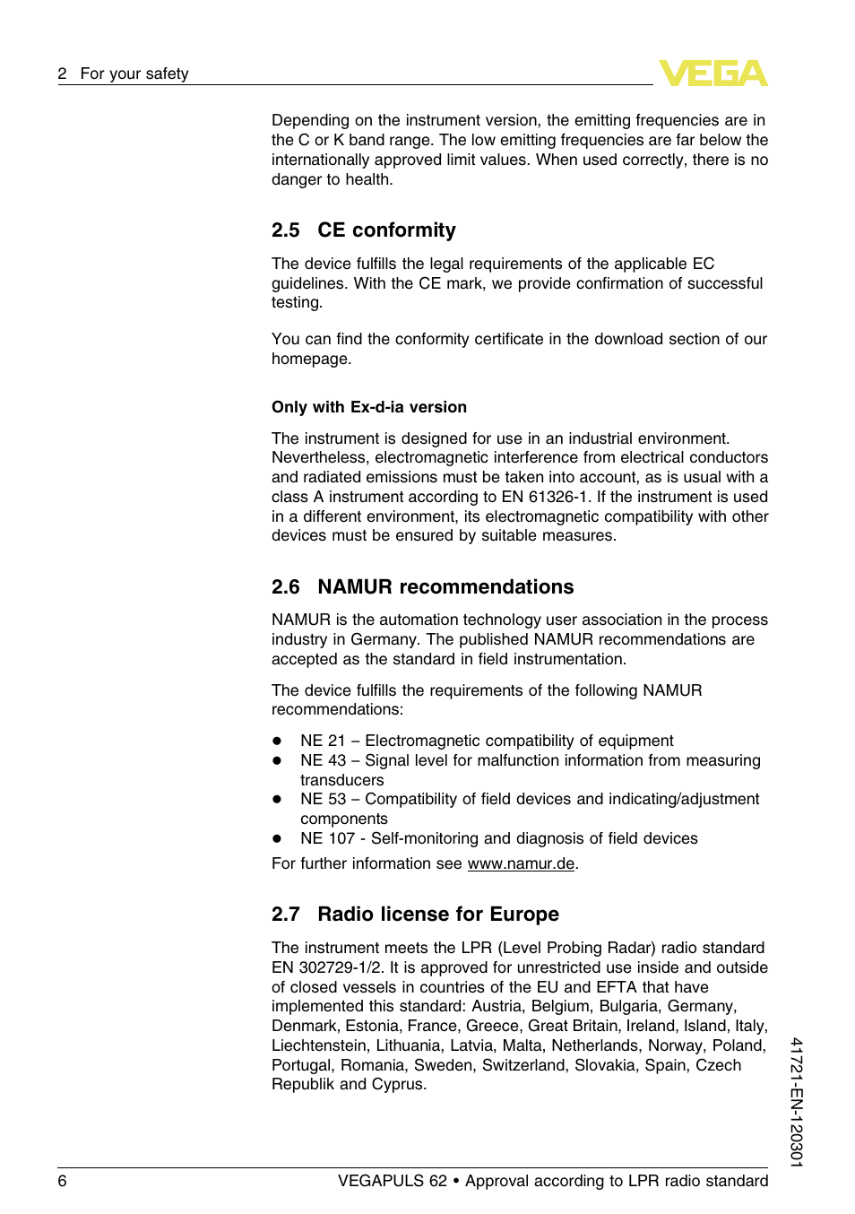 5 ce conformity, 6 namur recommendations, 7 radio license for europe | VEGA VEGAPULS 62 (≥ 2.0.0 - ≥ 4.0.0) Foundation Fieldbus Approval according to LPR radio standard User Manual | Page 6 / 96