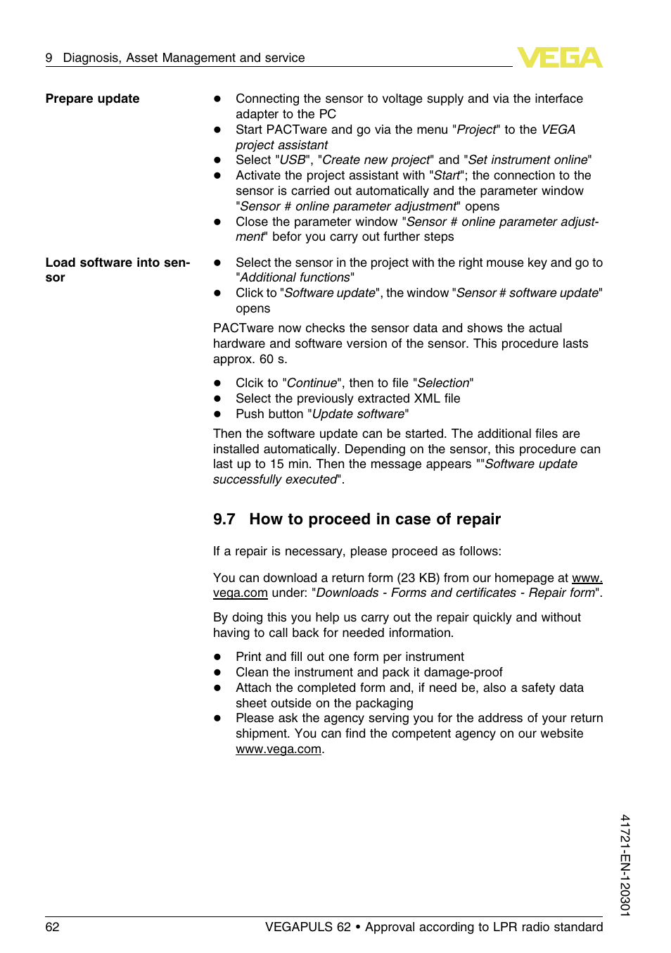 7 how to proceed in case of repair | VEGA VEGAPULS 62 (≥ 2.0.0 - ≥ 4.0.0) Foundation Fieldbus Approval according to LPR radio standard User Manual | Page 62 / 96