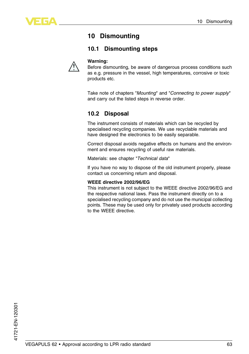 10 dismounting, 1 dismounting steps, 2 disposal | VEGA VEGAPULS 62 (≥ 2.0.0 - ≥ 4.0.0) Foundation Fieldbus Approval according to LPR radio standard User Manual | Page 63 / 96