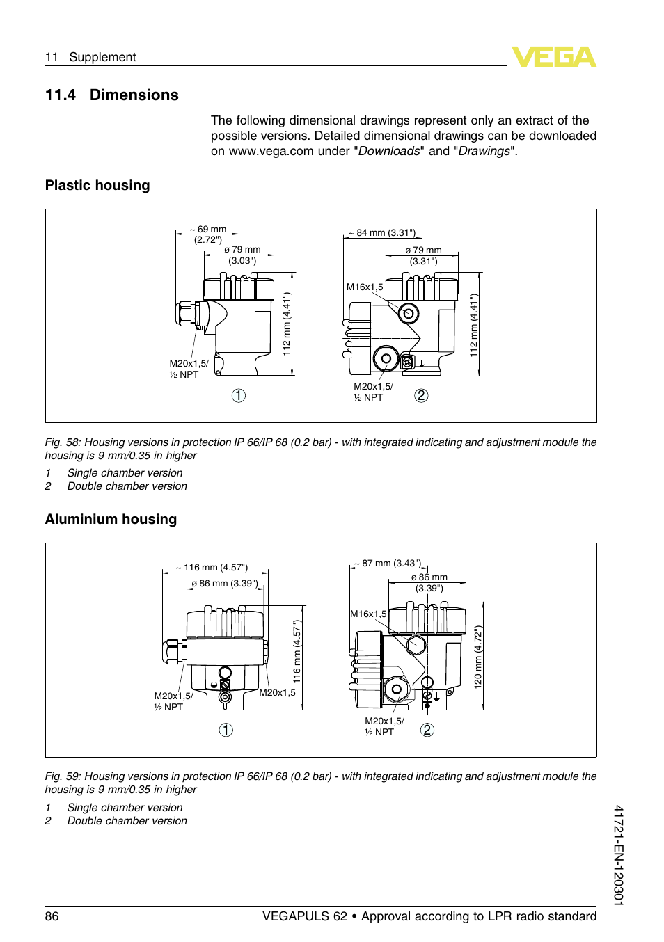 11 .4 dimensions, Plastic housing, Aluminium housing 2 1 | VEGA VEGAPULS 62 (≥ 2.0.0 - ≥ 4.0.0) Foundation Fieldbus Approval according to LPR radio standard User Manual | Page 86 / 96