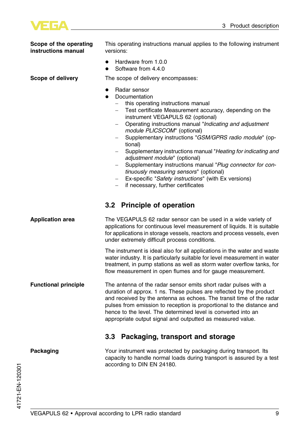 2 principle of operation, 3 packaging, transport and storage | VEGA VEGAPULS 62 (≥ 2.0.0 - ≥ 4.0.0) Foundation Fieldbus Approval according to LPR radio standard User Manual | Page 9 / 96