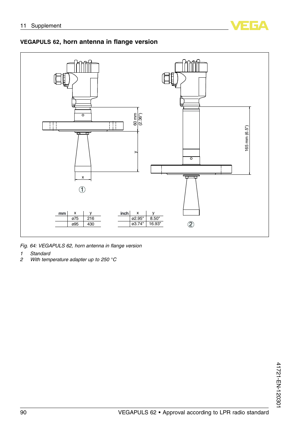 Horn antenna in ﬂange version, Vegapuls 62 | VEGA VEGAPULS 62 (≥ 2.0.0 - ≥ 4.0.0) Foundation Fieldbus Approval according to LPR radio standard User Manual | Page 90 / 96