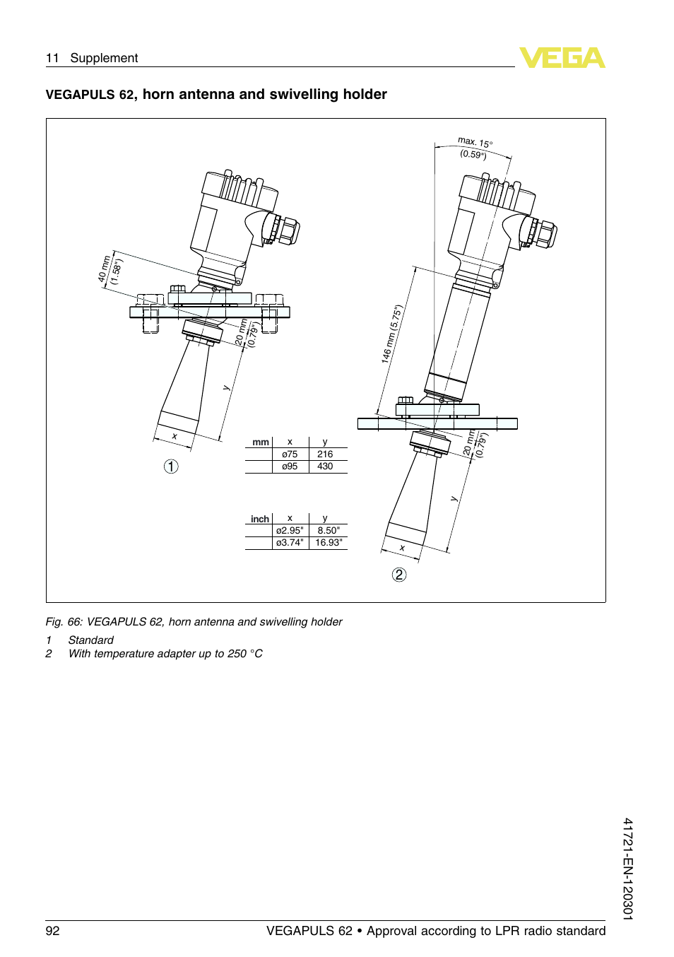 Horn antenna and swivelling holder, Vegapuls 62 | VEGA VEGAPULS 62 (≥ 2.0.0 - ≥ 4.0.0) Foundation Fieldbus Approval according to LPR radio standard User Manual | Page 92 / 96