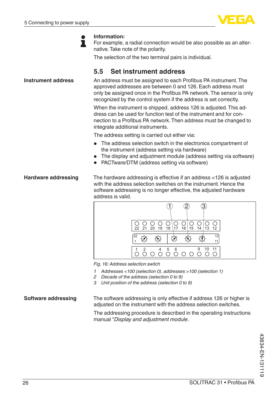 5 set instrument address | VEGA SOLITRAC 31 Profibus PA User Manual | Page 26 / 84