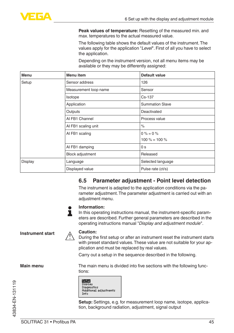 5 parameter adjustment - point level detection | VEGA SOLITRAC 31 Profibus PA User Manual | Page 45 / 84