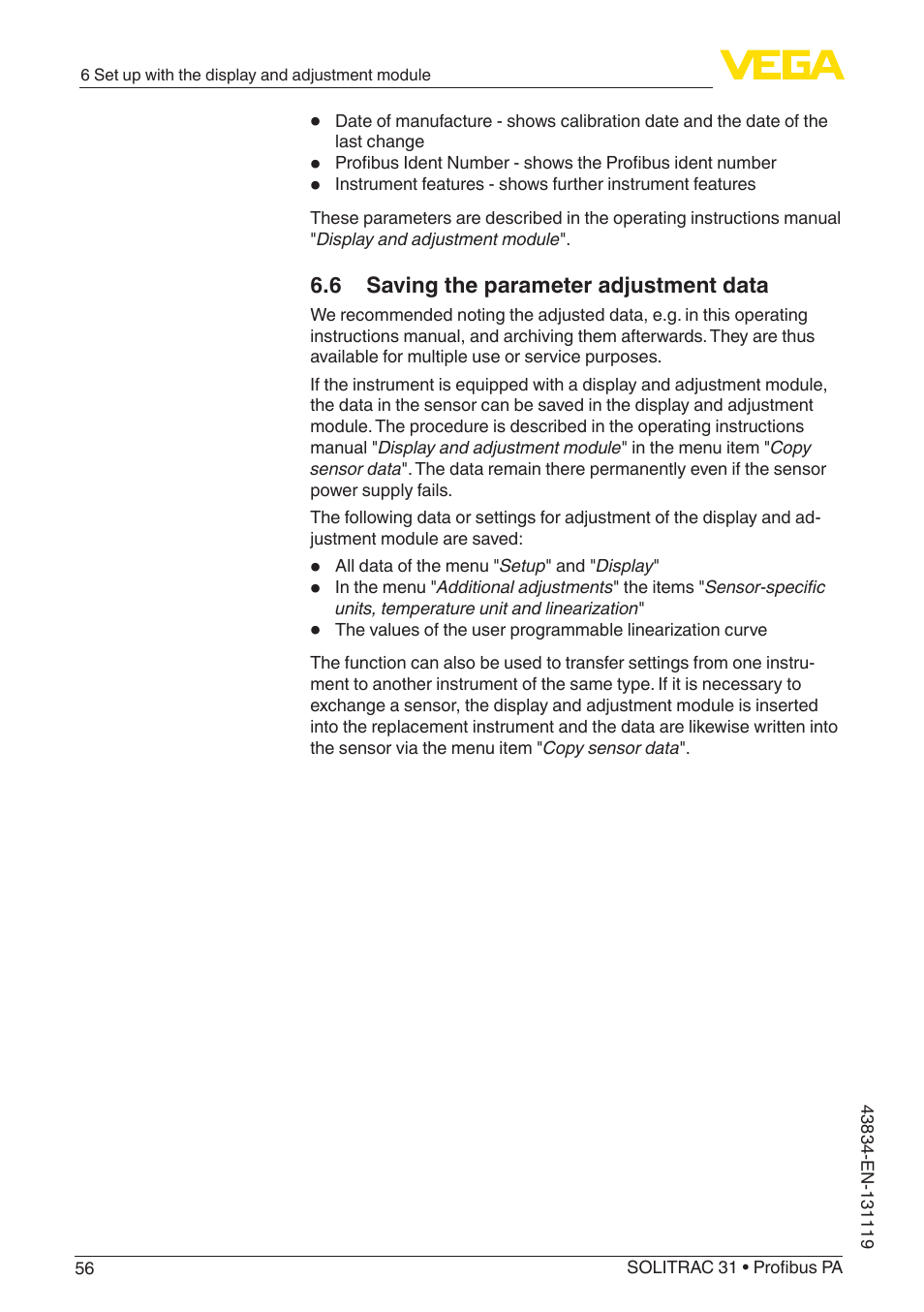 6 saving the parameter adjustment data | VEGA SOLITRAC 31 Profibus PA User Manual | Page 56 / 84