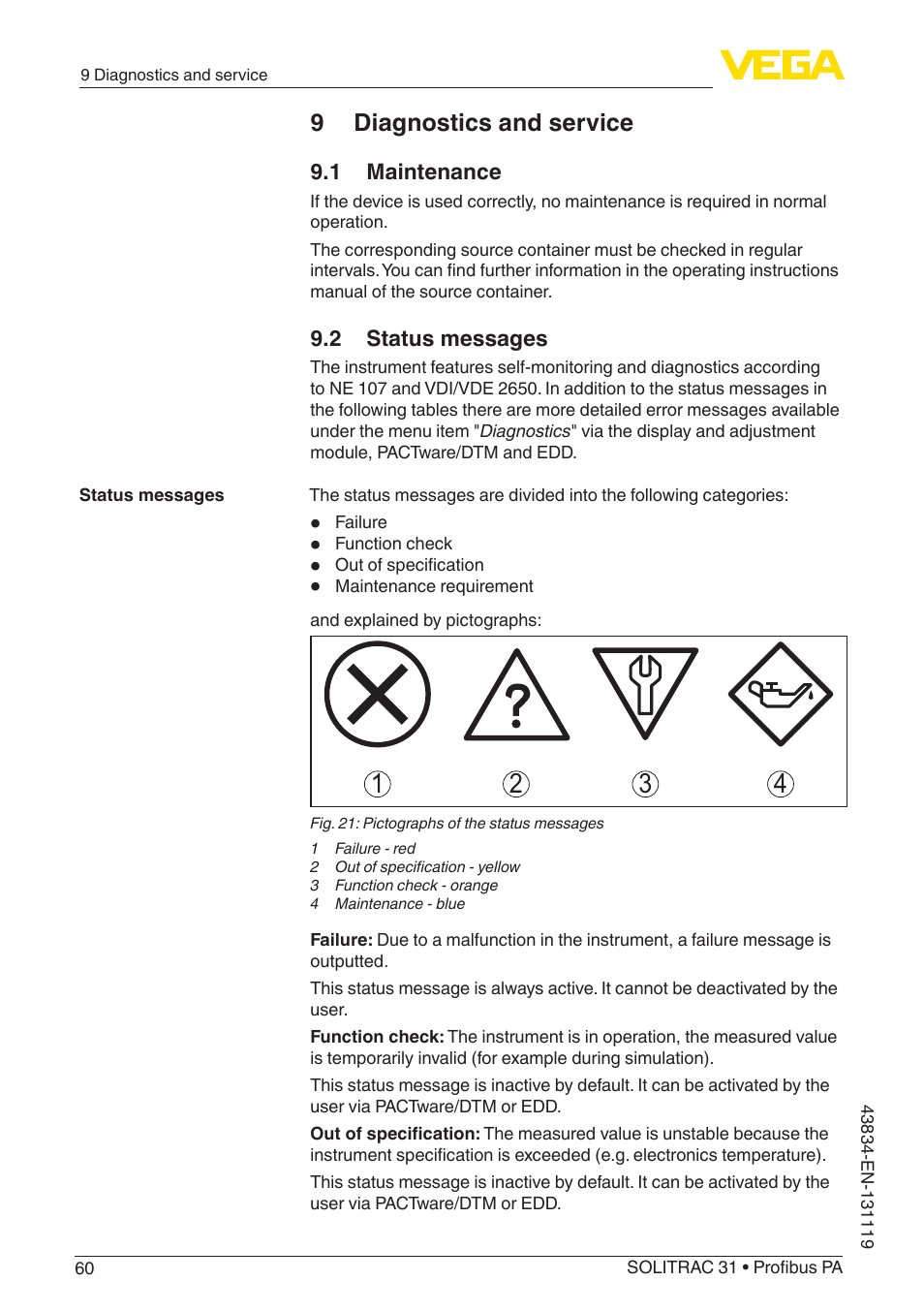 9 diagnostics and service, 1 maintenance, 2 status messages | VEGA SOLITRAC 31 Profibus PA User Manual | Page 60 / 84