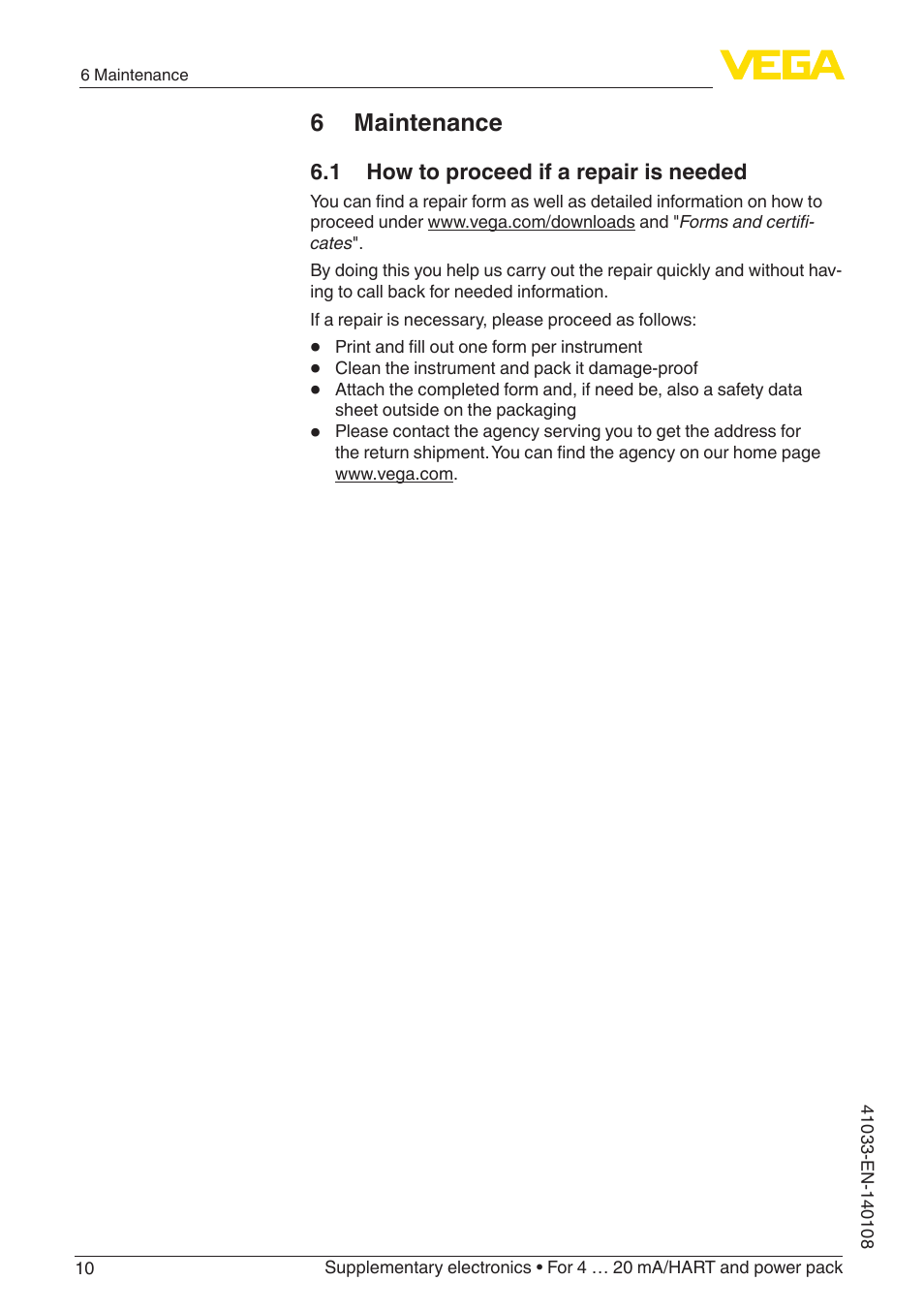 6 maintenance, 1 how to proceed if a repair is needed | VEGA Supplementary electronics For 4 … 20 mA_HART and power pack User Manual | Page 10 / 16