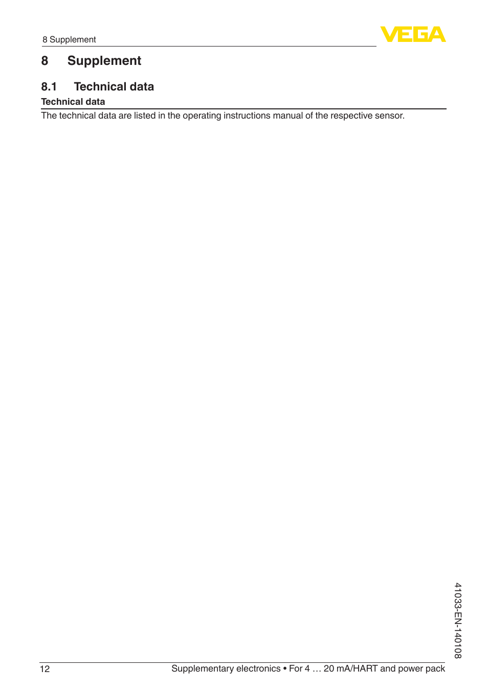 8 supplement, 1 technical data | VEGA Supplementary electronics For 4 … 20 mA_HART and power pack User Manual | Page 12 / 16