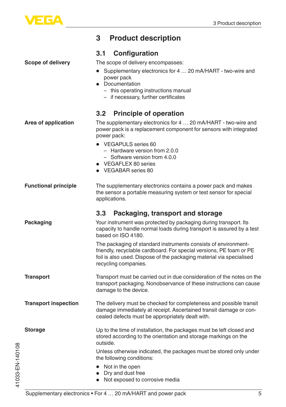 3 product description, 1 configuration, 2 principle of operation | 3 packaging, transport and storage | VEGA Supplementary electronics For 4 … 20 mA_HART and power pack User Manual | Page 5 / 16