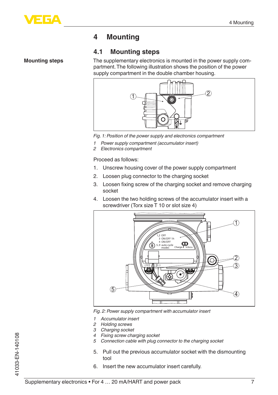 4 mounting, 1 mounting steps | VEGA Supplementary electronics For 4 … 20 mA_HART and power pack User Manual | Page 7 / 16