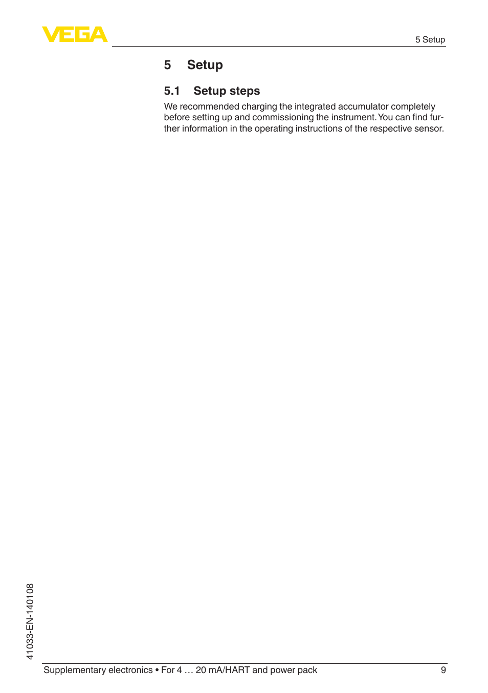 5 setup, 1 setup steps | VEGA Supplementary electronics For 4 … 20 mA_HART and power pack User Manual | Page 9 / 16