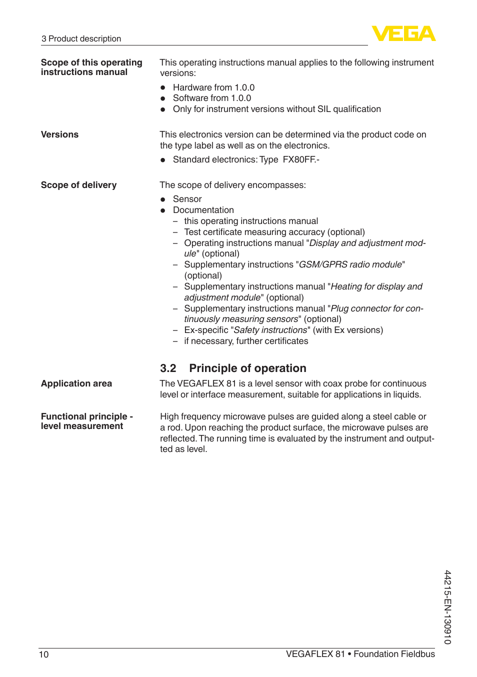2 principle of operation | VEGA VEGAFLEX 81 Foundation Fieldbus Coax probe User Manual | Page 10 / 96