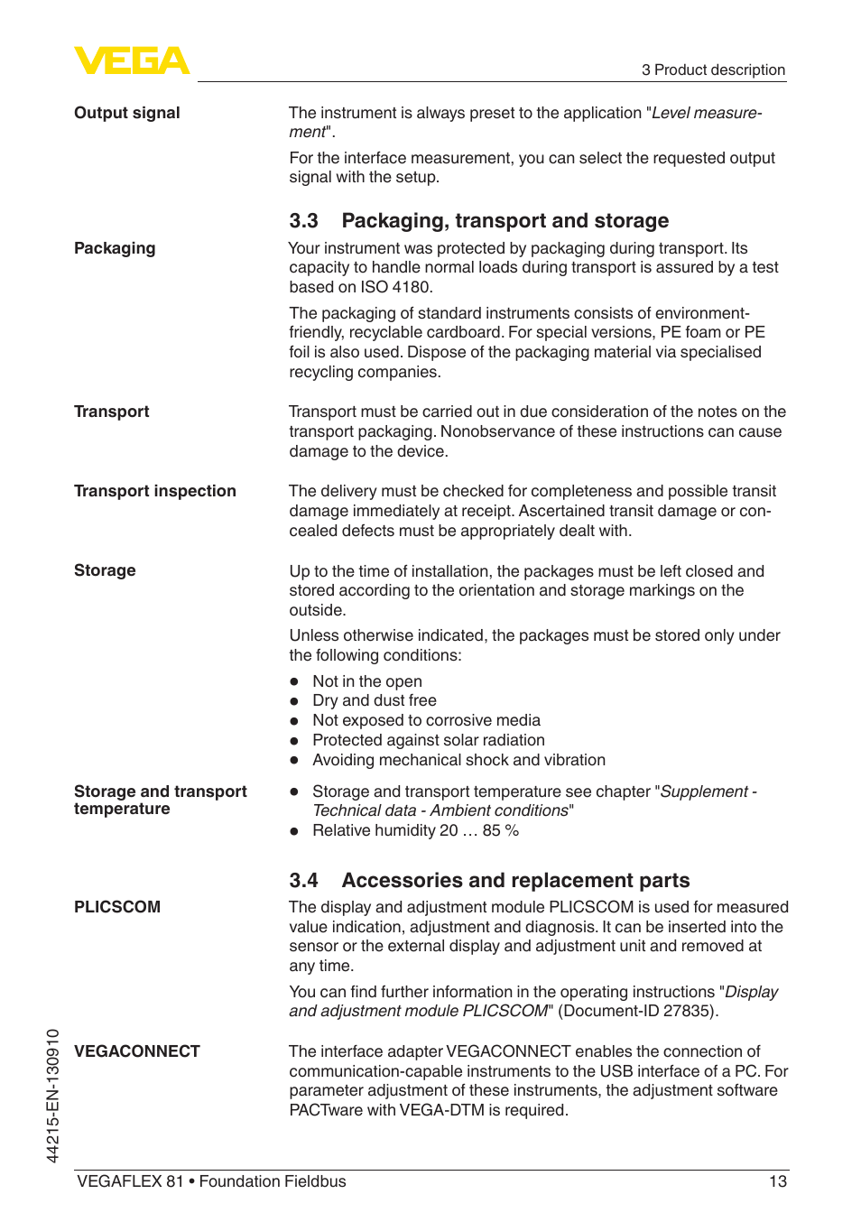 3 packaging, transport and storage, 4 accessories and replacement parts | VEGA VEGAFLEX 81 Foundation Fieldbus Coax probe User Manual | Page 13 / 96