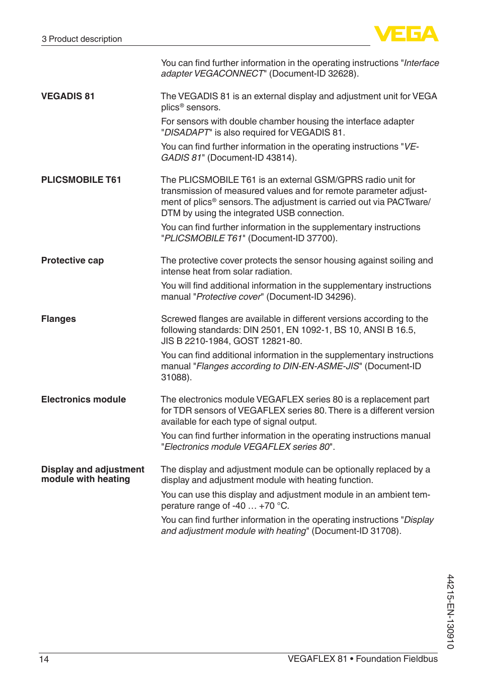 VEGA VEGAFLEX 81 Foundation Fieldbus Coax probe User Manual | Page 14 / 96