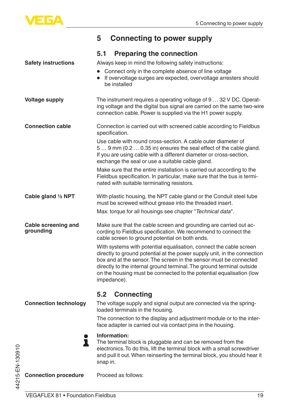 5 connecting to power supply, 1 preparing the connection, 2 connecting | VEGA VEGAFLEX 81 Foundation Fieldbus Coax probe User Manual | Page 19 / 96