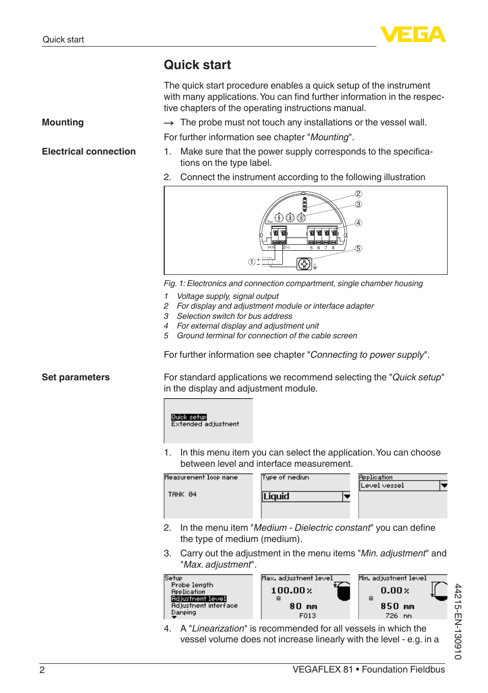 Quick start | VEGA VEGAFLEX 81 Foundation Fieldbus Coax probe User Manual | Page 2 / 96
