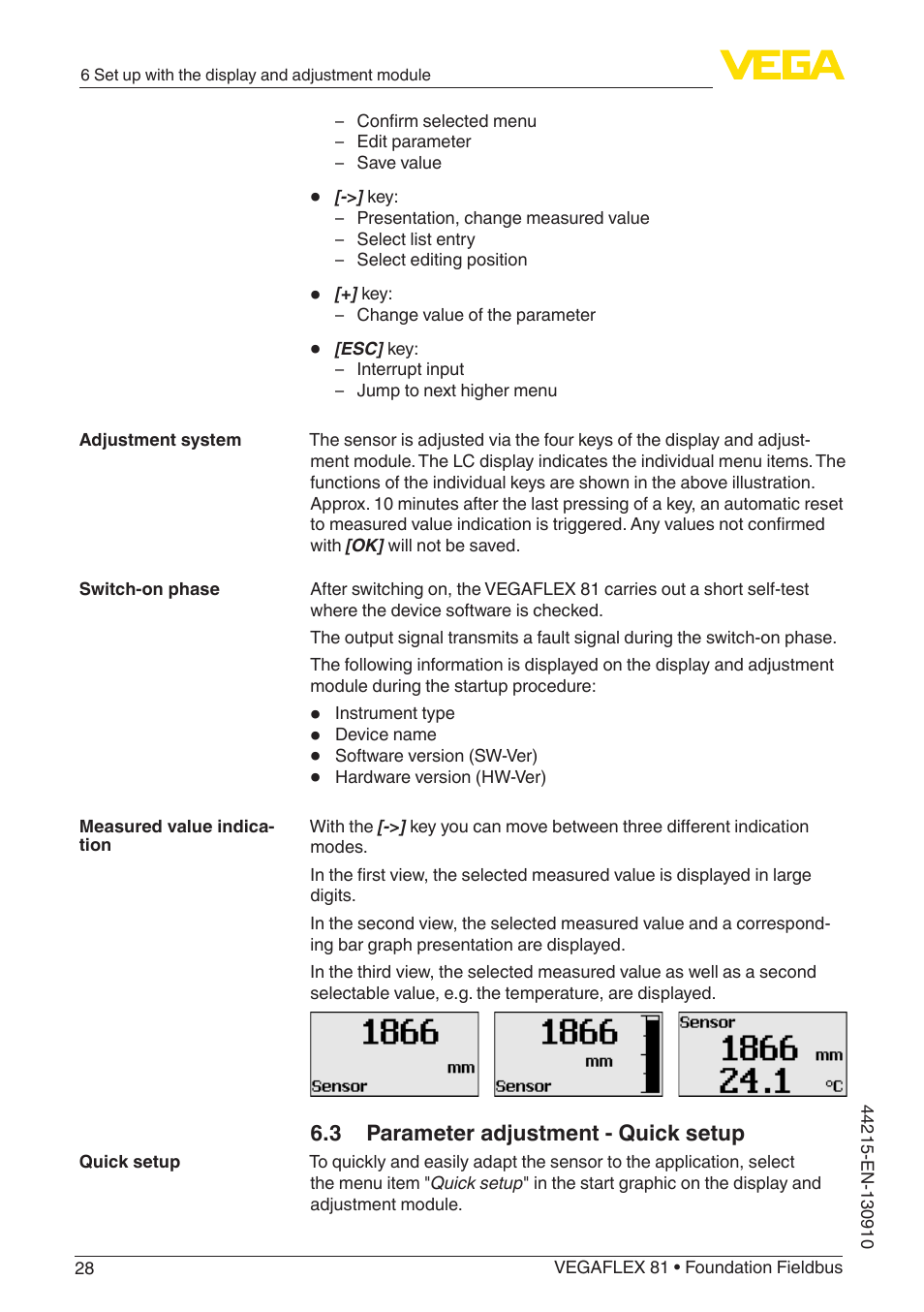 3 parameter adjustment - quick setup | VEGA VEGAFLEX 81 Foundation Fieldbus Coax probe User Manual | Page 28 / 96