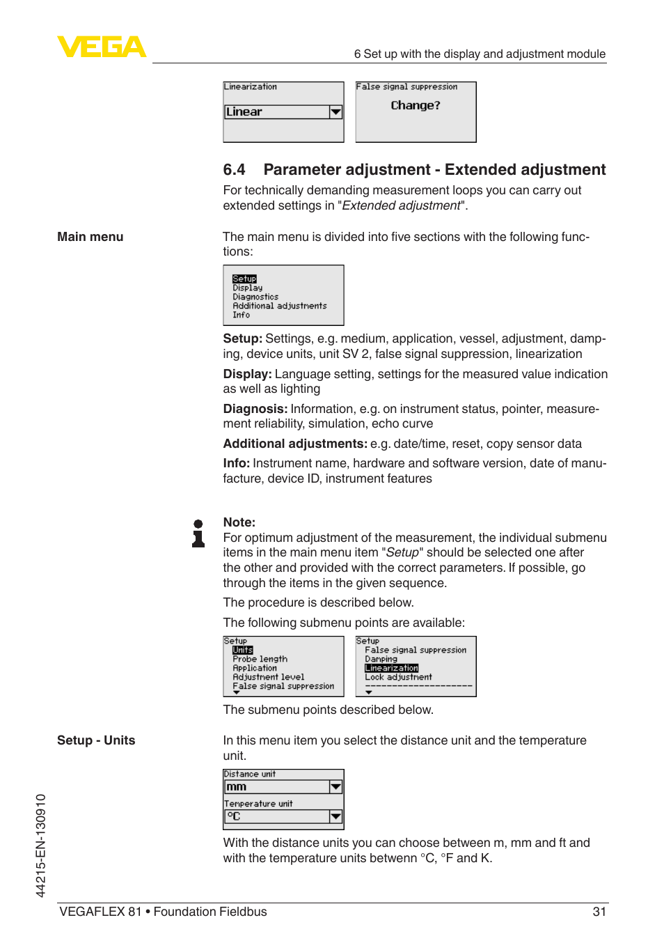 4 parameter adjustment - extended adjustment | VEGA VEGAFLEX 81 Foundation Fieldbus Coax probe User Manual | Page 31 / 96