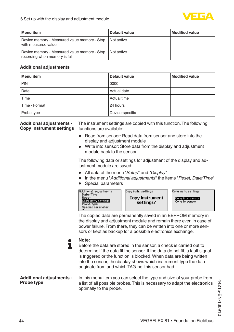 VEGA VEGAFLEX 81 Foundation Fieldbus Coax probe User Manual | Page 44 / 96
