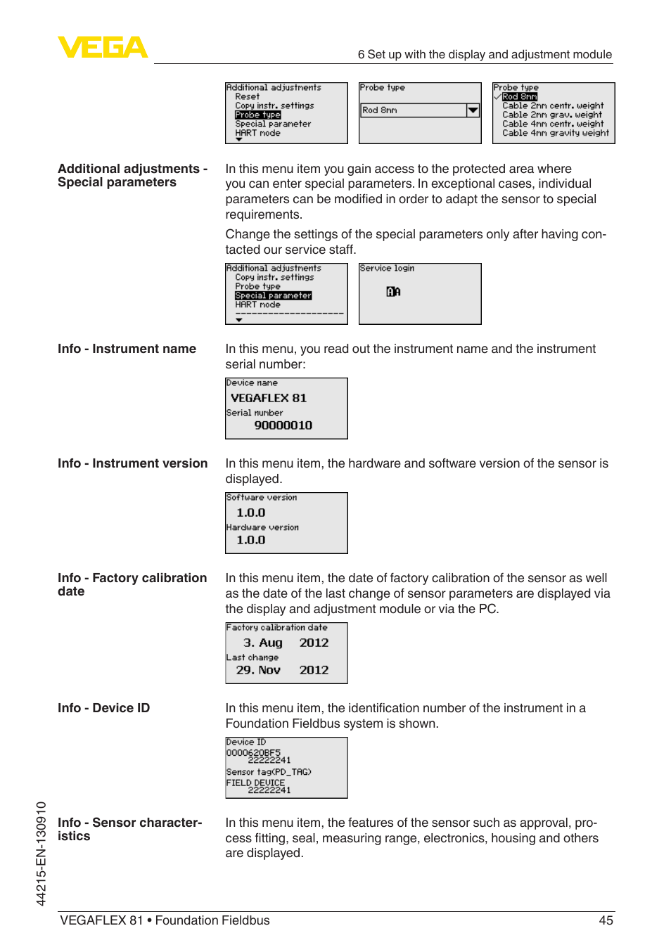 VEGA VEGAFLEX 81 Foundation Fieldbus Coax probe User Manual | Page 45 / 96