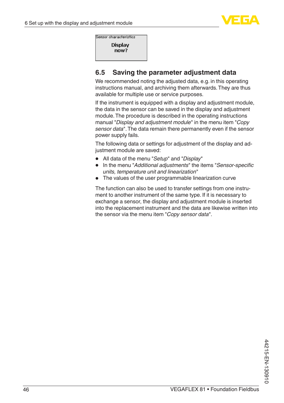 5 saving the parameter adjustment data | VEGA VEGAFLEX 81 Foundation Fieldbus Coax probe User Manual | Page 46 / 96