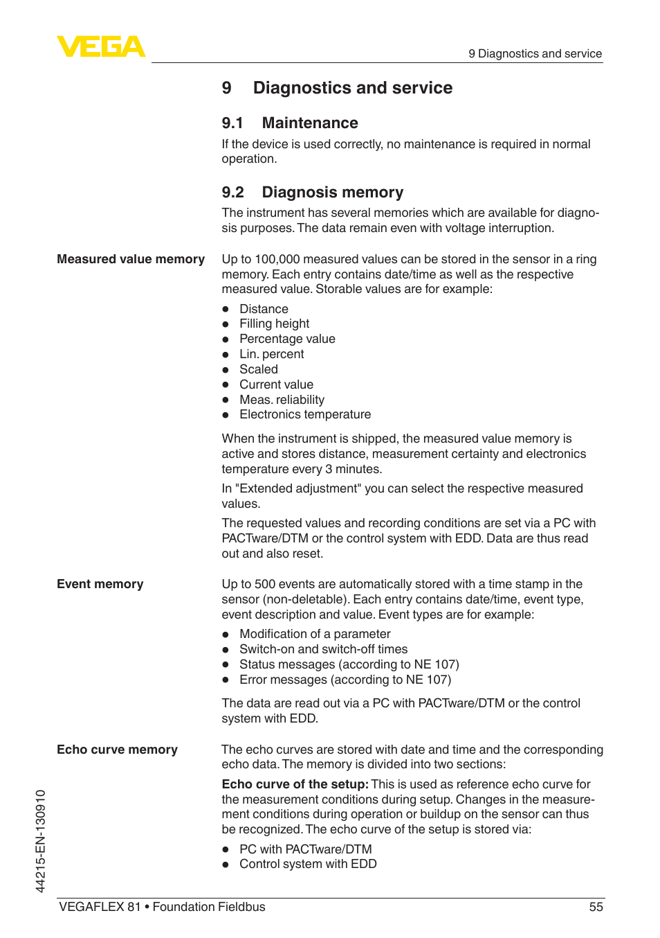 9 diagnostics and service, 1 maintenance, 2 diagnosis memory | VEGA VEGAFLEX 81 Foundation Fieldbus Coax probe User Manual | Page 55 / 96