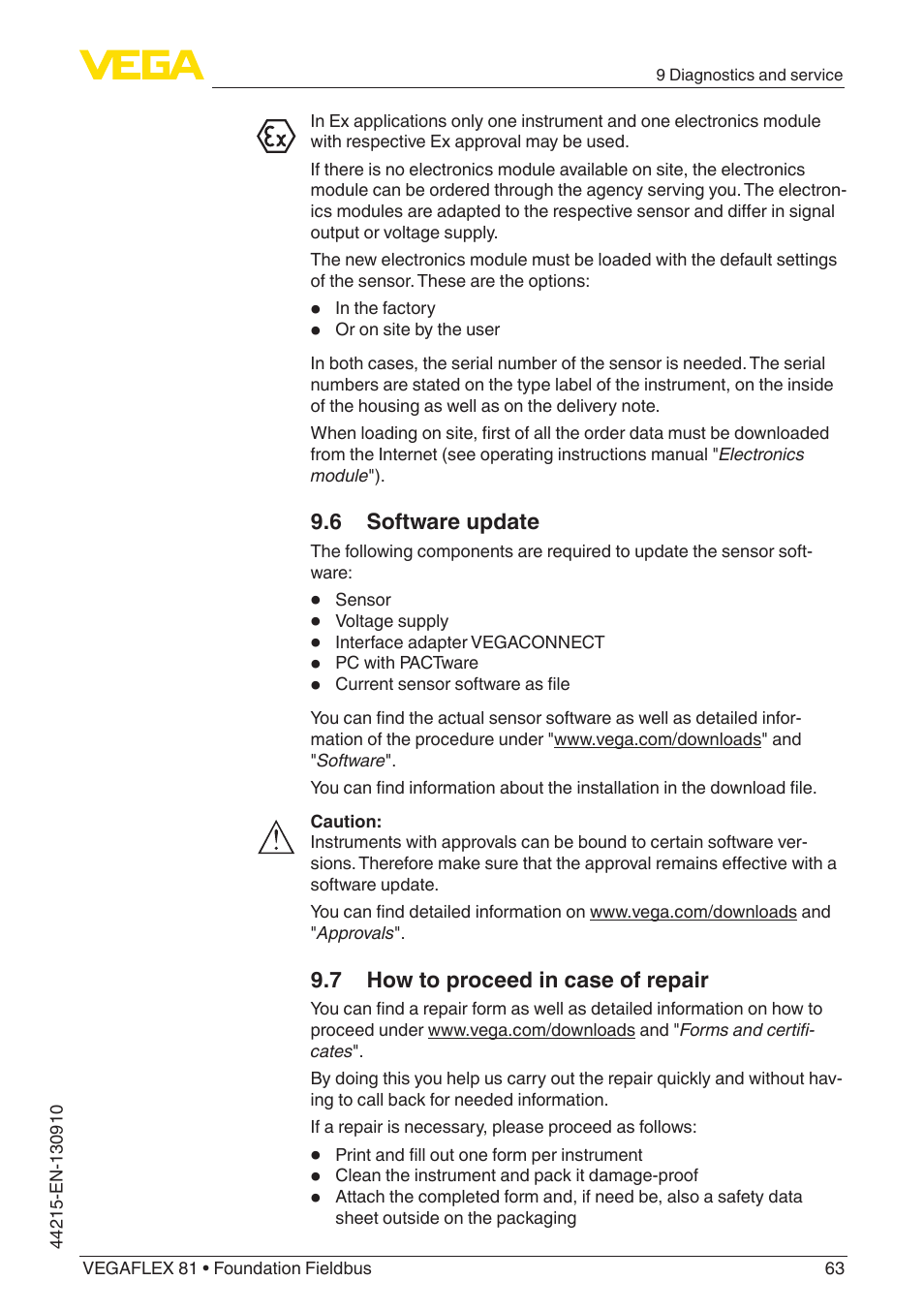 6 software update, 7 how to proceed in case of repair | VEGA VEGAFLEX 81 Foundation Fieldbus Coax probe User Manual | Page 63 / 96