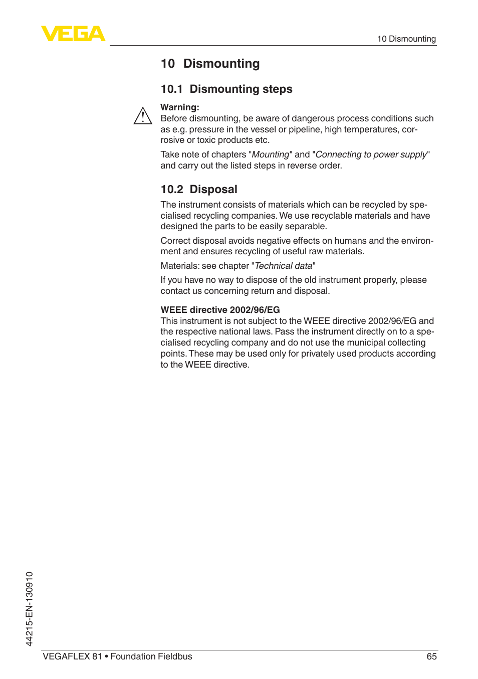 10 dismounting, 1 dismounting steps, 2 disposal | VEGA VEGAFLEX 81 Foundation Fieldbus Coax probe User Manual | Page 65 / 96