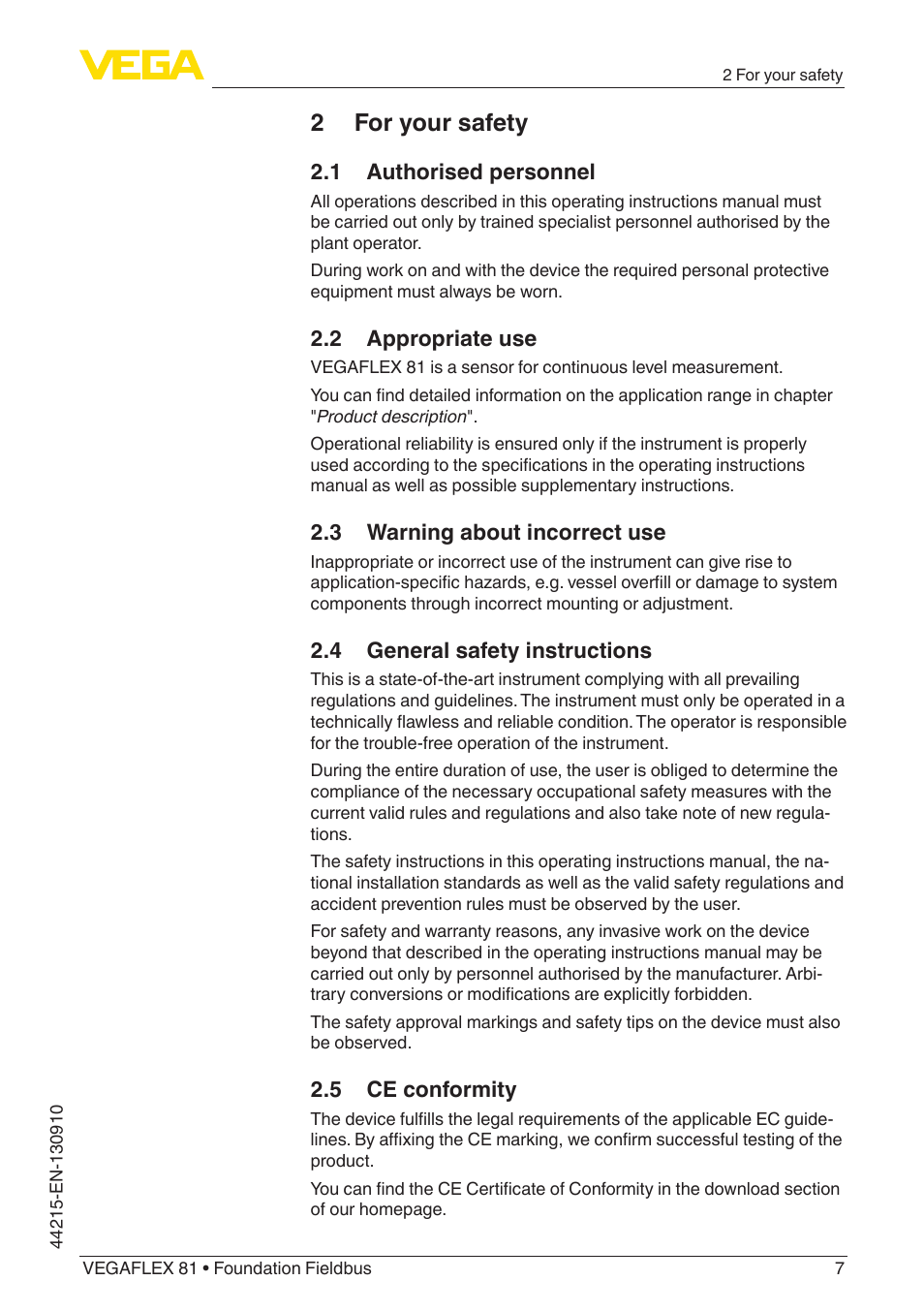 2 for your safety, 1 authorised personnel, 2 appropriate use | 3 warning about incorrect use, 4 general safety instructions, 5 ce conformity | VEGA VEGAFLEX 81 Foundation Fieldbus Coax probe User Manual | Page 7 / 96