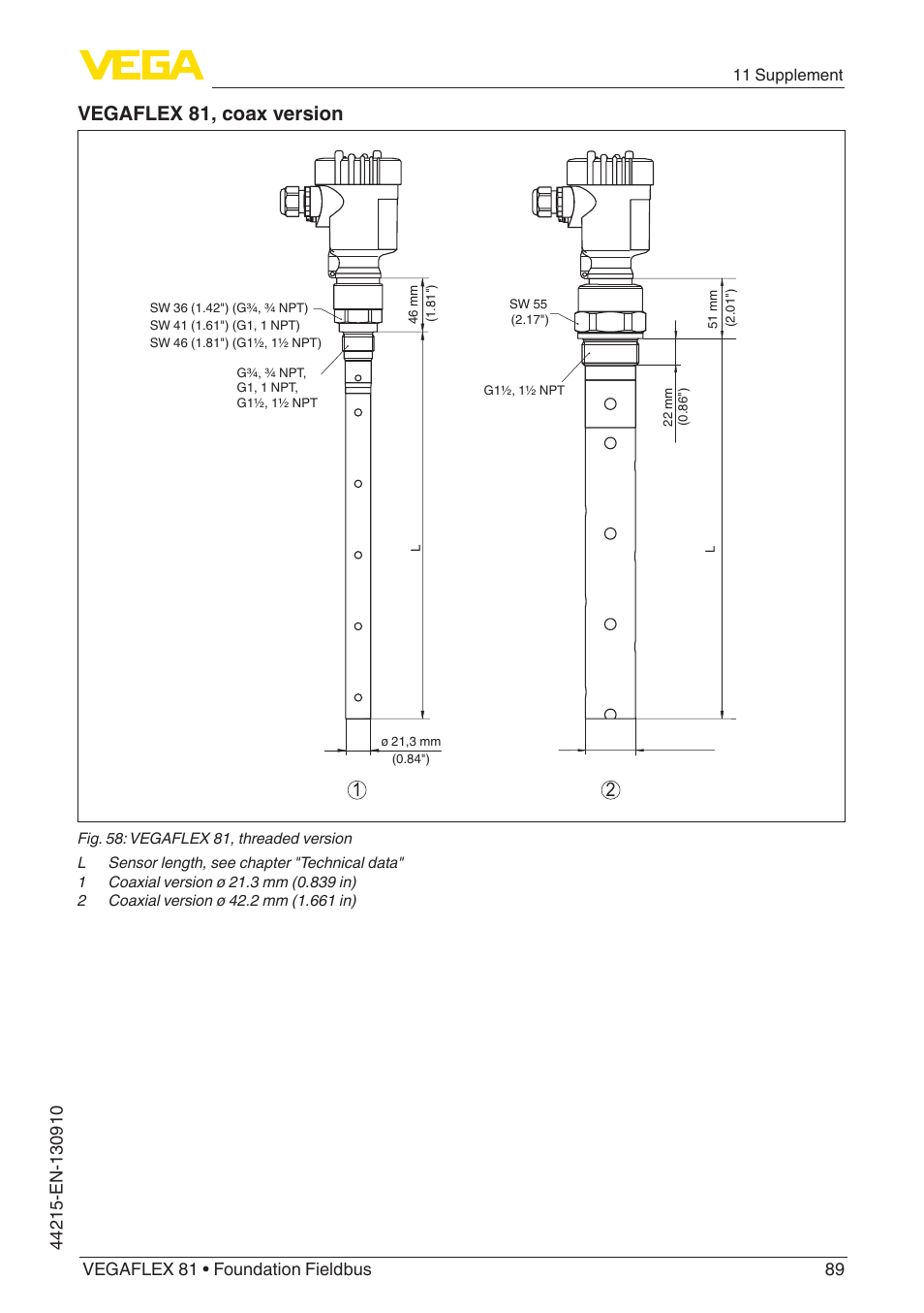 Vegaflex 81, coax version | VEGA VEGAFLEX 81 Foundation Fieldbus Coax probe User Manual | Page 89 / 96