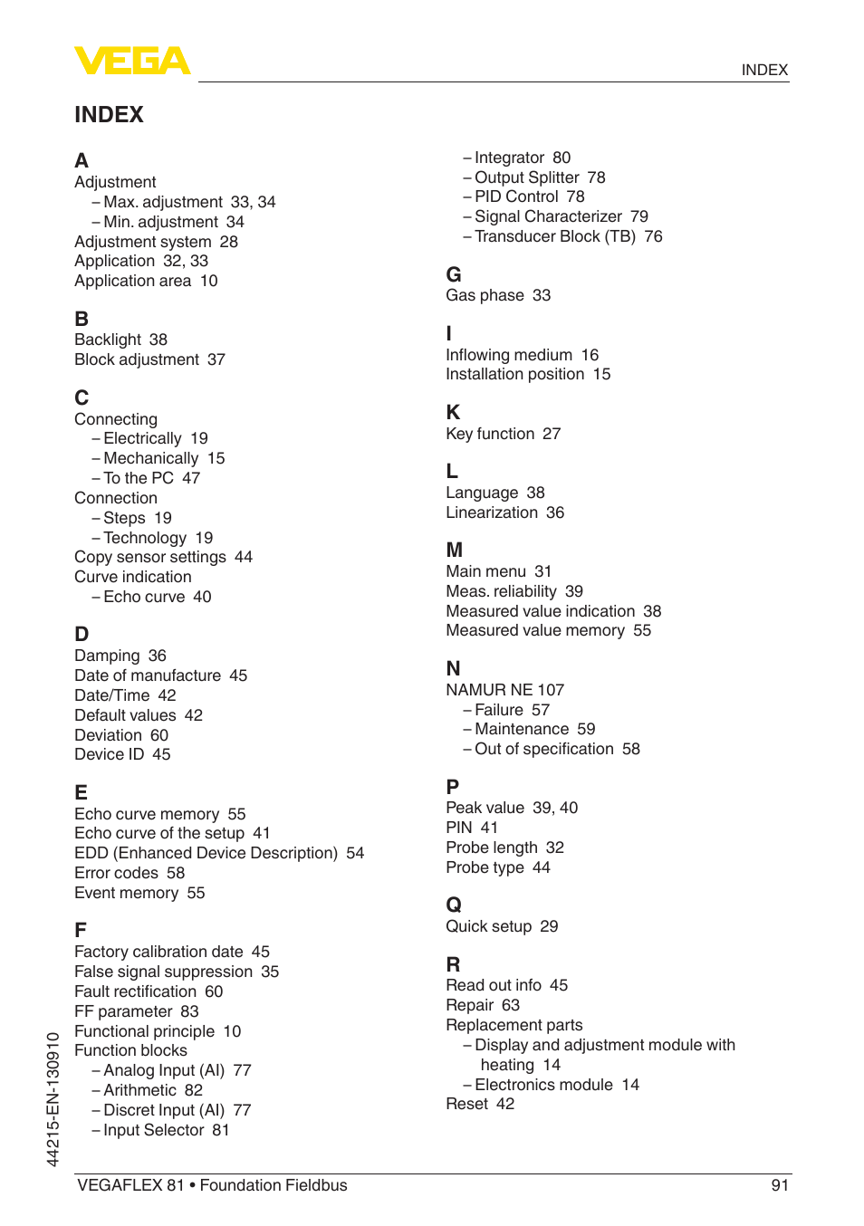 Index | VEGA VEGAFLEX 81 Foundation Fieldbus Coax probe User Manual | Page 91 / 96