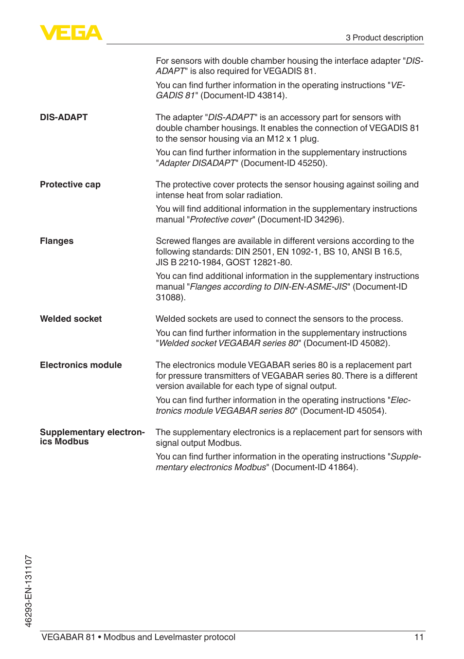 VEGA VEGABAR 81 Modbus and Levelmaster protocol - Operating Instructions User Manual | Page 11 / 92