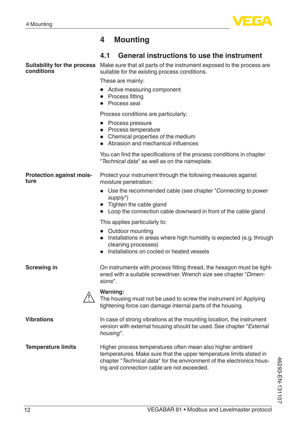 4 mounting, 1 general instructions to use the instrument | VEGA VEGABAR 81 Modbus and Levelmaster protocol - Operating Instructions User Manual | Page 12 / 92